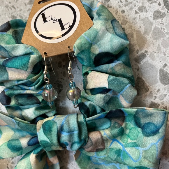 Original Fabric Design Sea Glass Bow Scrunchie with Matching Earrings - Picture 7 of 10
